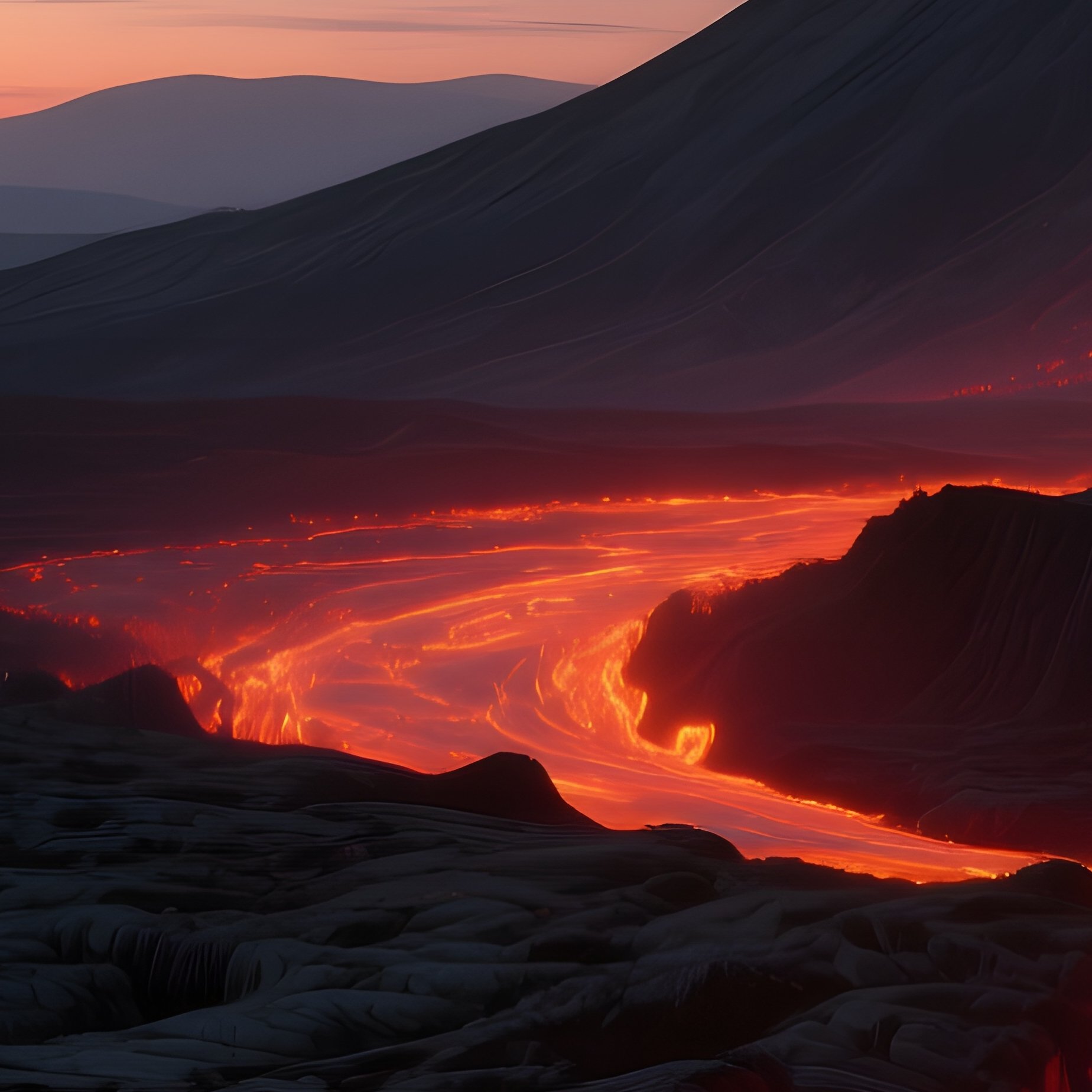 A Dramatic Volcanic Landscape At Twilight, Glowing Lava Flows Cutting Through Black Basalt Plains, - Full Resolution Quality Preview