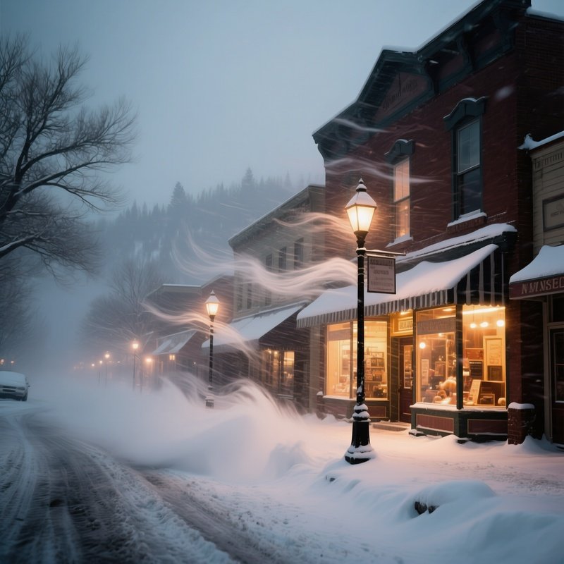 A Dramatic Winter Blizzard Hitting A Small Town In Montana, Snow Swirling Around Lamp Posts,