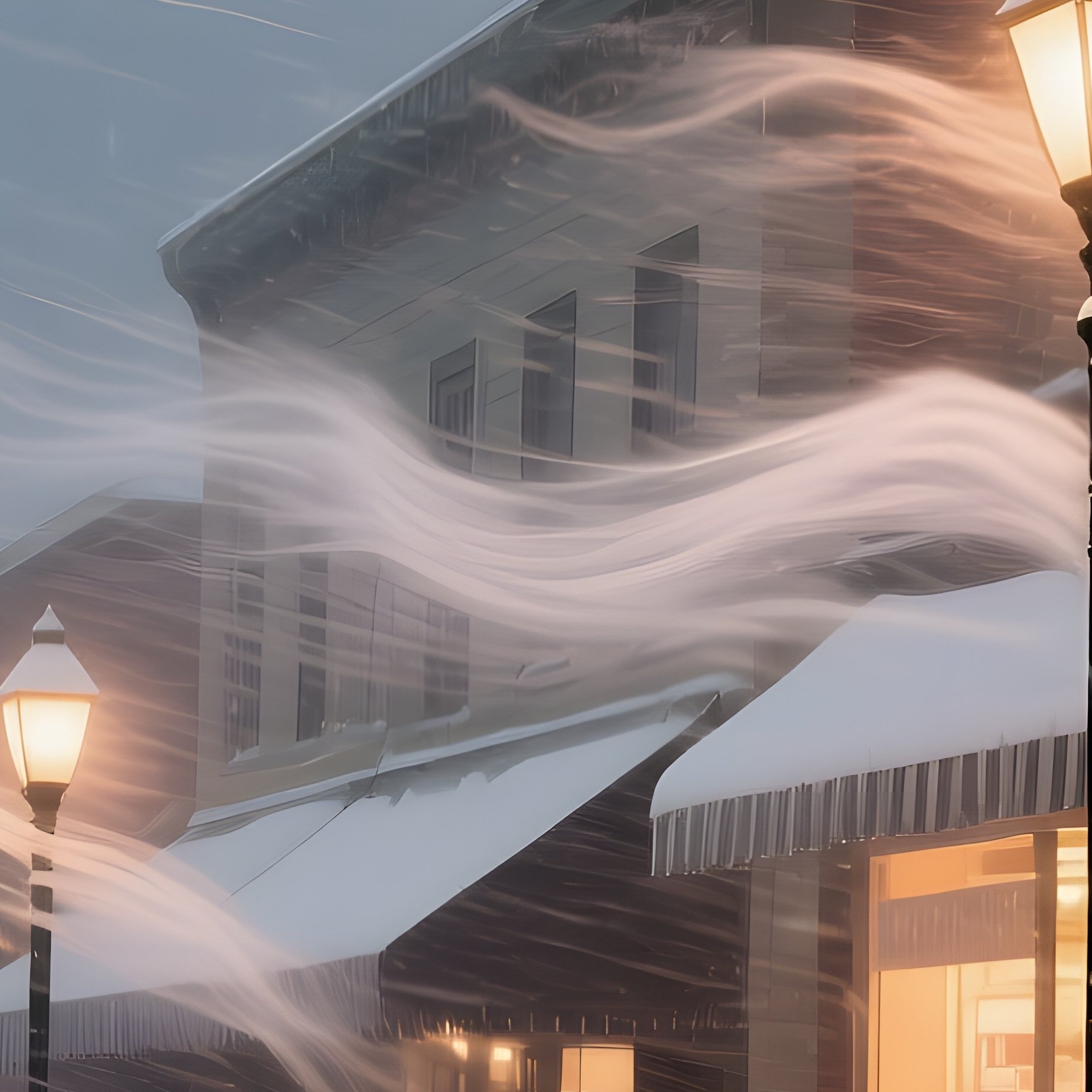 A Dramatic Winter Blizzard Hitting A Small Town In Montana, Snow Swirling Around Lamp Posts, - Full Resolution Quality Preview