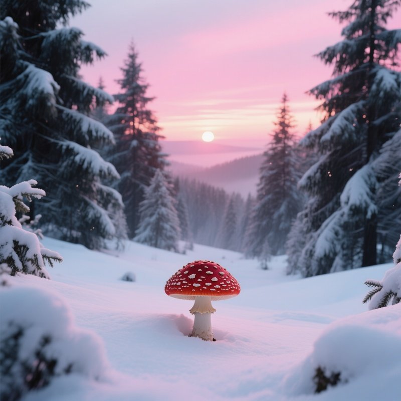 A Dramatic Winter Scene In The Black Forest With Snow Covered Pines And A Lone Red Capped Fly