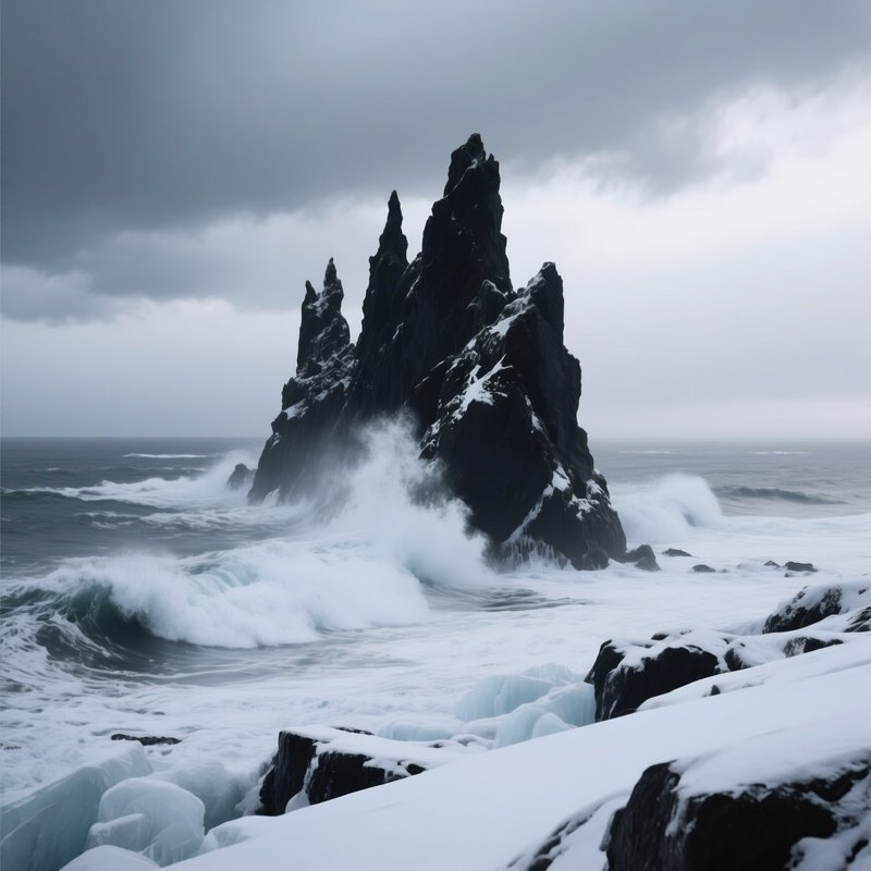 A Dramatic Winter Seascape Where Icy Waves Crash Against A Jagged Black Rock Formation, Low Clouds