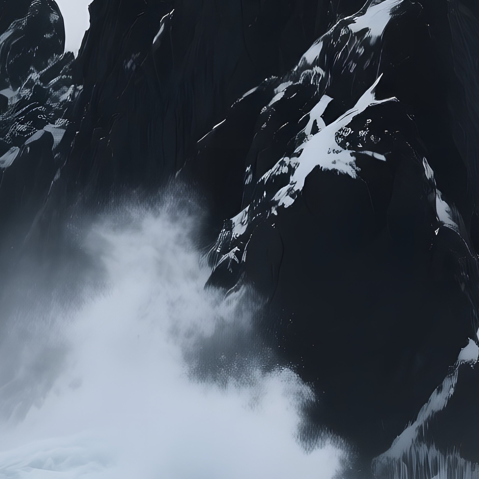 A Dramatic Winter Seascape Where Icy Waves Crash Against A Jagged Black Rock Formation, Low Clouds - Full Resolution Quality Preview