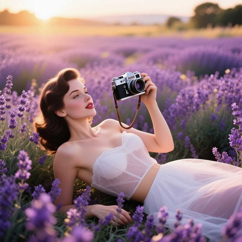 A Dreamy Lavender Field At Golden Hour, A Romantic Pin‑Up In A Sheer White Dress That Leaves