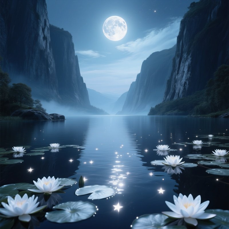 A Dreamy Scene Of A Moonlit Lake Surrounded By Towering Cliffs, Silver‑White Water Lilies