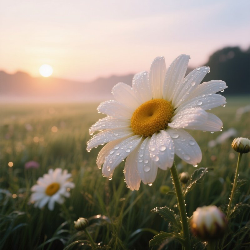 A Dreamy Sunrise Over A Meadow Where Giant Sugar Daisies Open Their Petals, Dew Drops Of Honey
