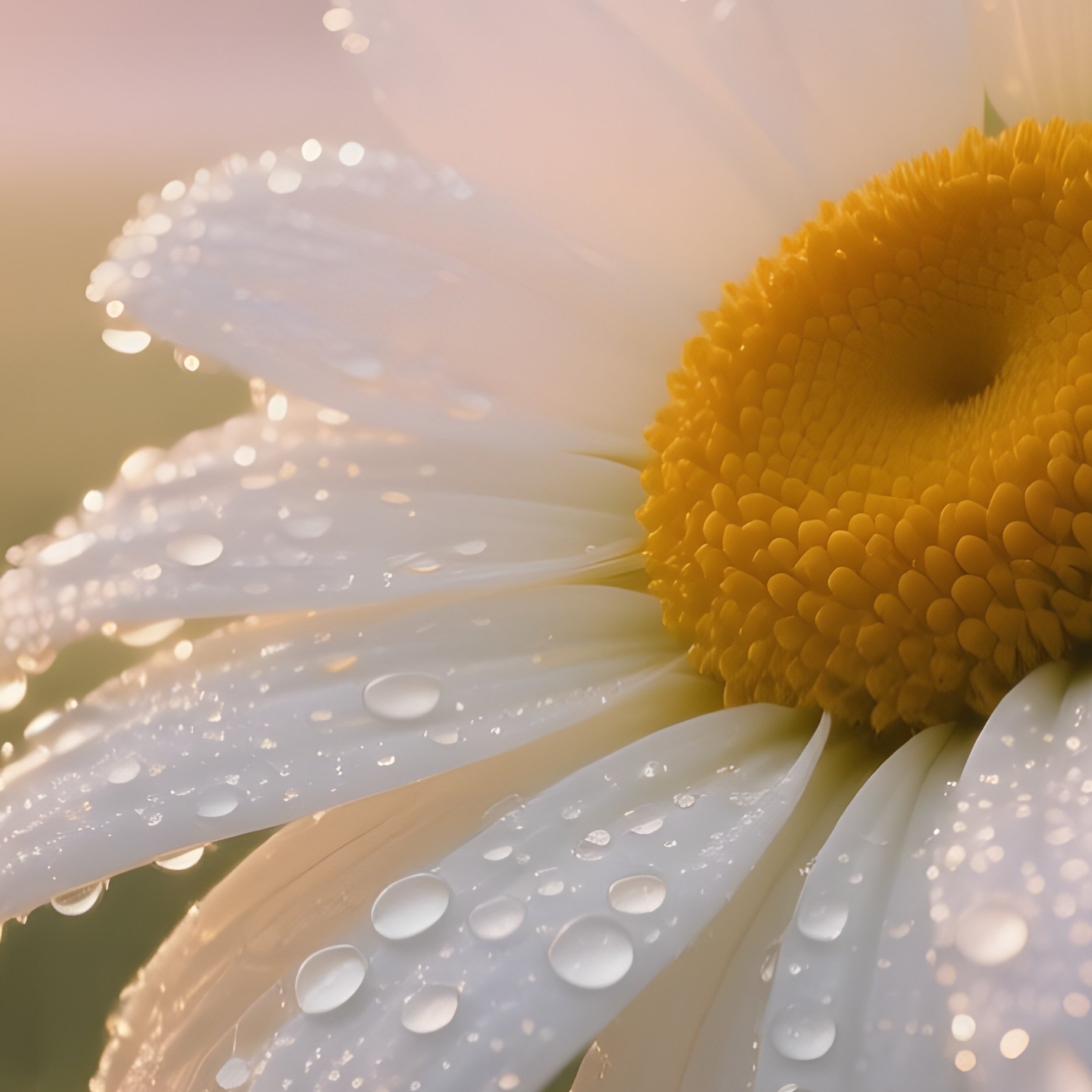A Dreamy Sunrise Over A Meadow Where Giant Sugar Daisies Open Their Petals, Dew Drops Of Honey - Full Resolution Quality Preview