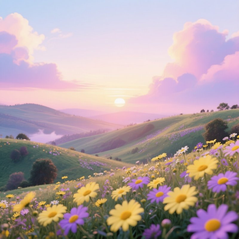 A Dreamy Sunrise Over Rolling Hills Dotted With Pop‑Art Daisies In Pastel Yellow And Lavender,