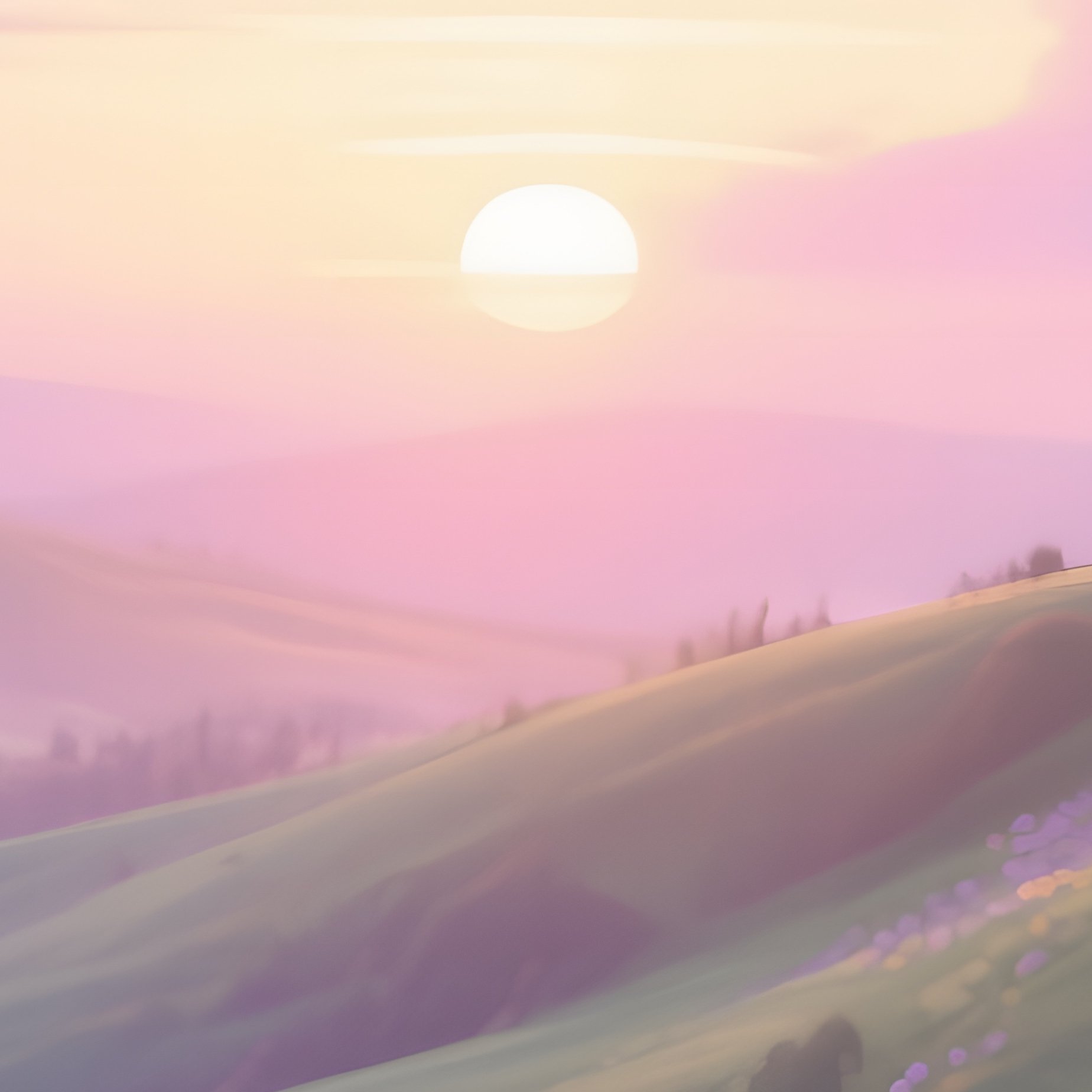 A Dreamy Sunrise Over Rolling Hills Dotted With Pop‑Art Daisies In Pastel Yellow And Lavender, - Full Resolution Quality Preview