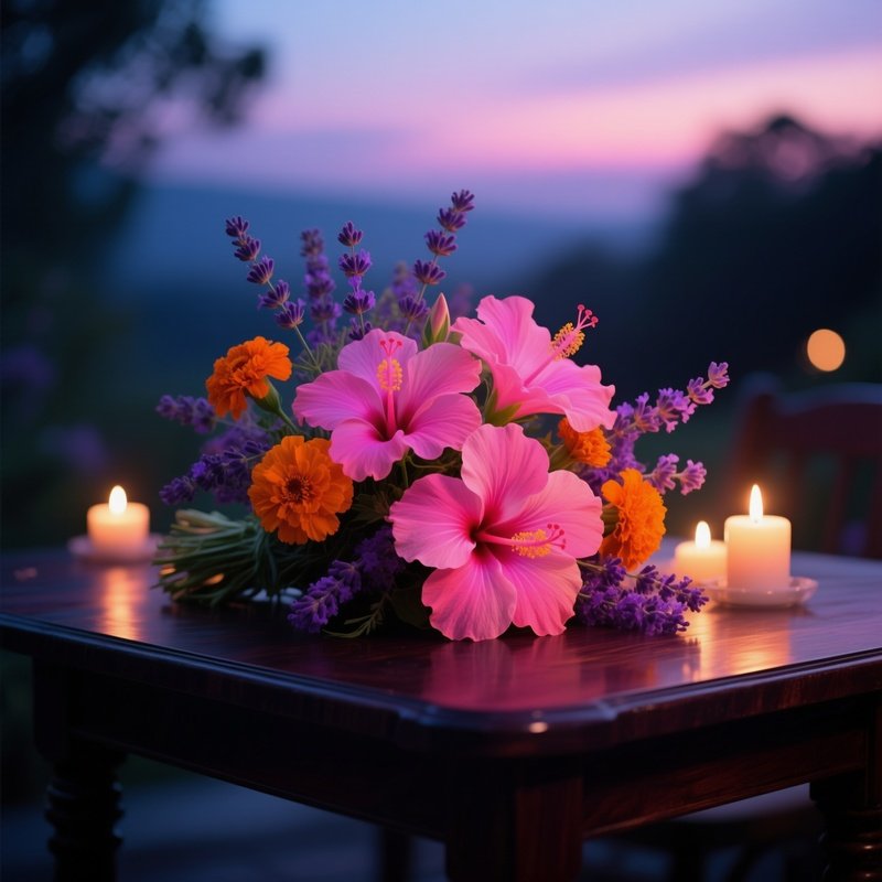 A Dreamy Twilight Scene Of A Bouquet Of Neon‑Pink Hibiscus, Orange Marigolds, And Deep Purple