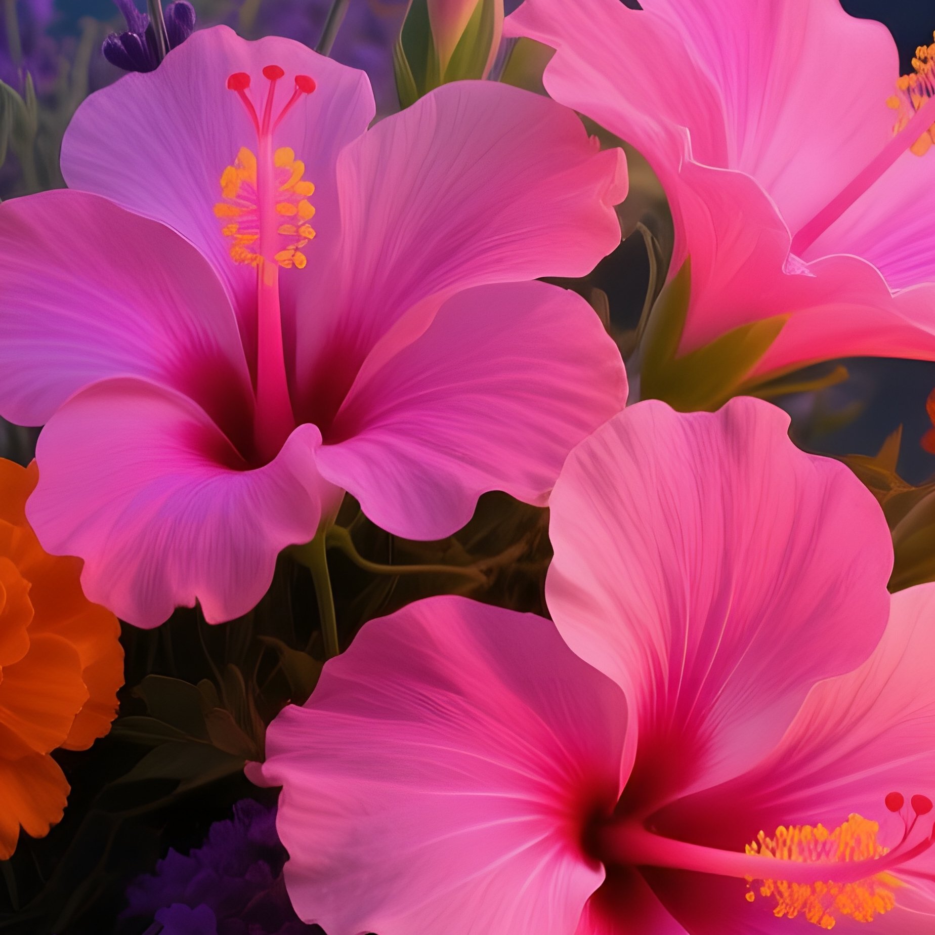 A Dreamy Twilight Scene Of A Bouquet Of Neon‑Pink Hibiscus, Orange Marigolds, And Deep Purple - Full Resolution Quality Preview