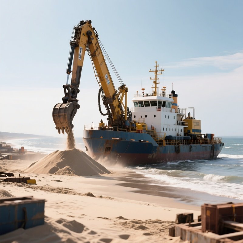A Dredging Ship Pumping Sand Near A Coastal Work Zone
