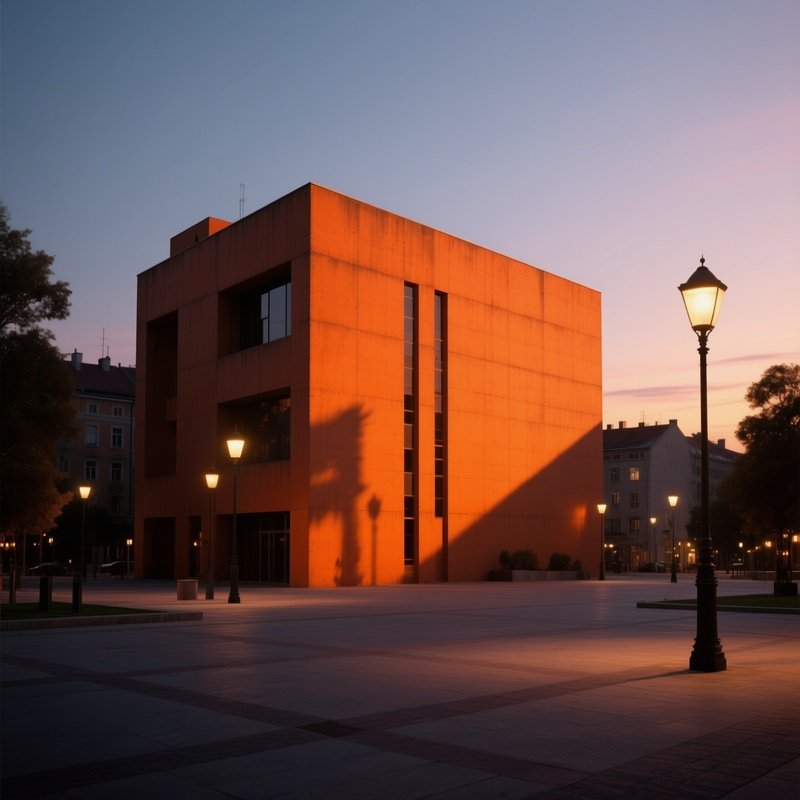 A Dusk Scene Of A Bold Orange Concrete Building Casting Long Shadows Over A Quiet Plaza, Street