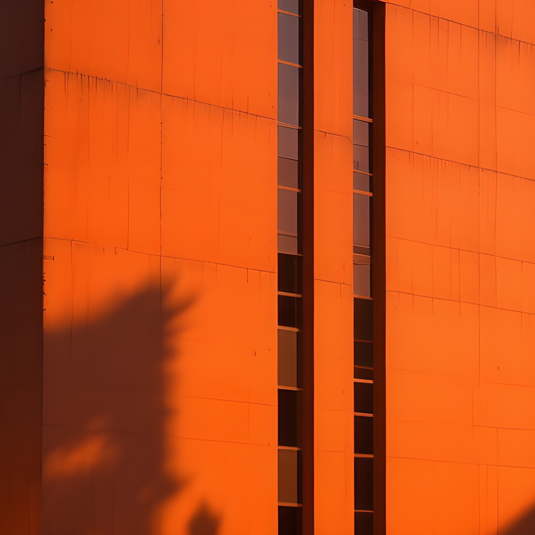 A Dusk Scene Of A Bold Orange Concrete Building Casting Long Shadows Over A Quiet Plaza, Street - Full Resolution Quality Preview