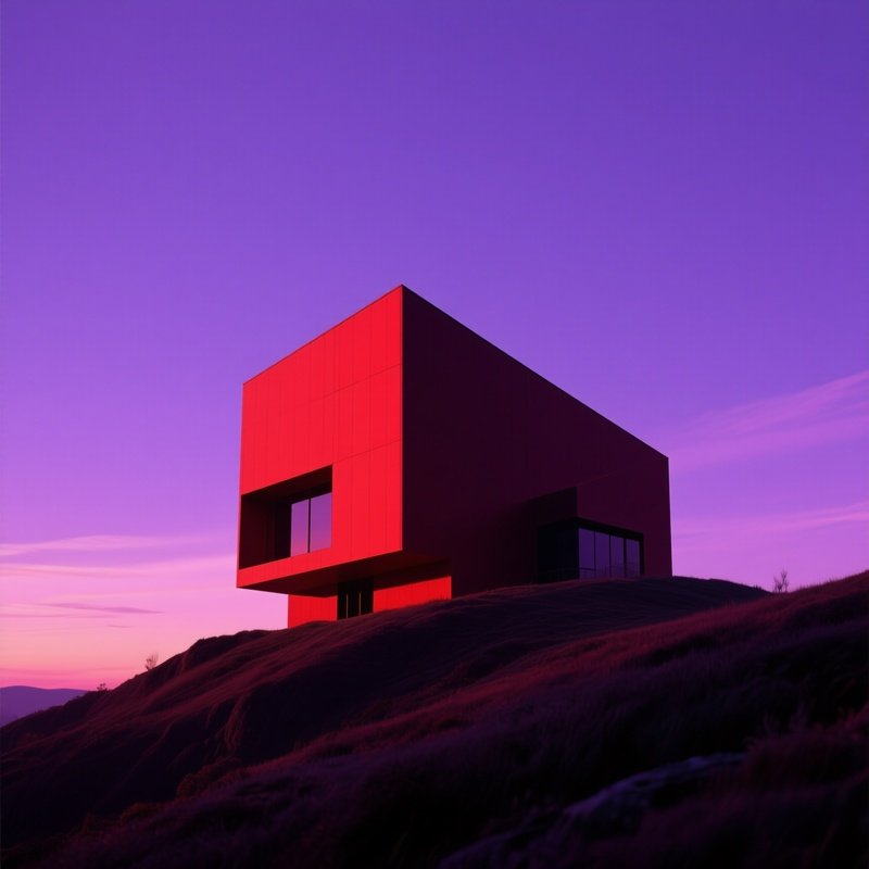 A Dusk Scene Of A Bold Red Geometric Building Perched On A Hilltop, Its Silhouette Stark Against A