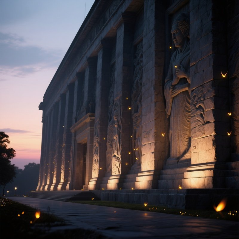 A Dusk Scene Of A Massive Stone Museum Façade With Deep Reliefs, Soft Spotlights Highlighting Each