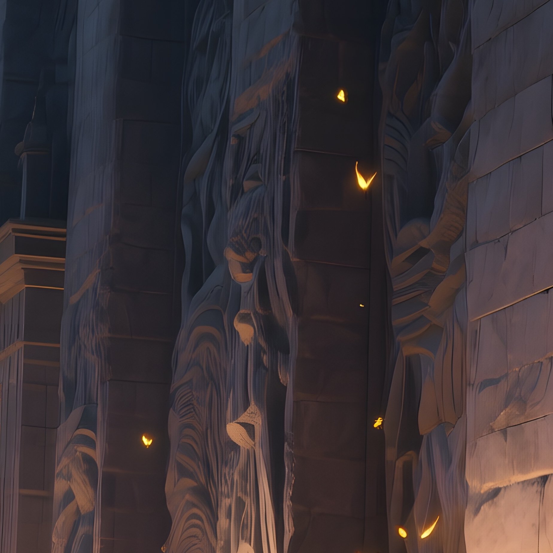 A Dusk Scene Of A Massive Stone Museum Façade With Deep Reliefs, Soft Spotlights Highlighting Each - Full Resolution Quality Preview