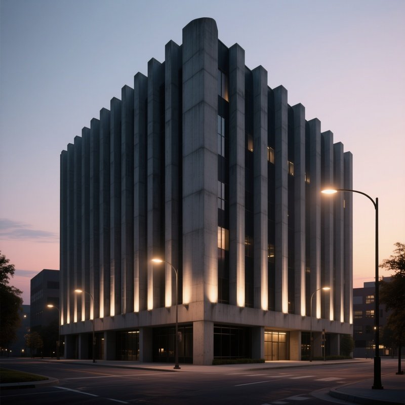 A Dusk Scene Of A Stark Concrete Office Block With Bold Vertical Fins, Streetlights Creating
