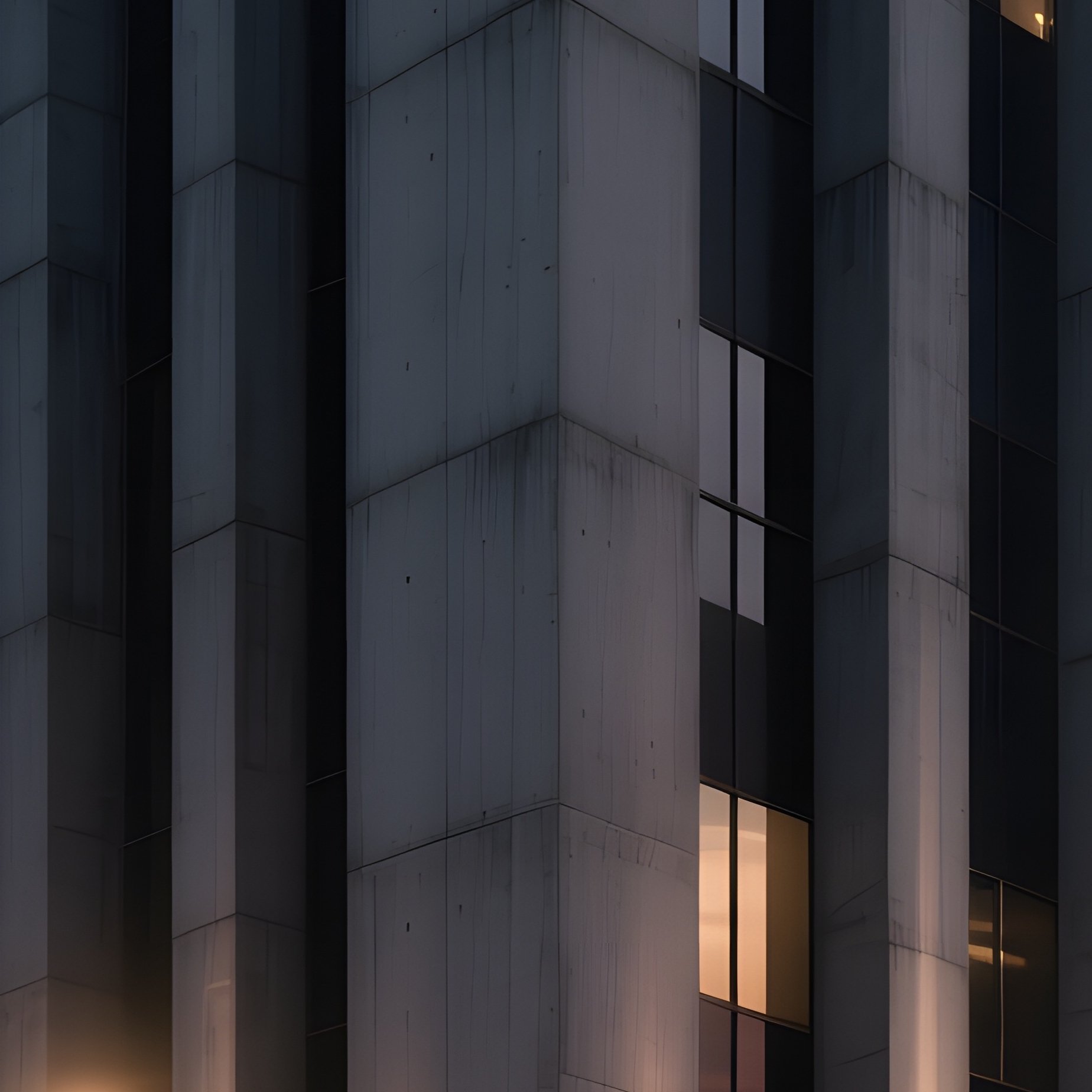A Dusk Scene Of A Stark Concrete Office Block With Bold Vertical Fins, Streetlights Creating - Full Resolution Quality Preview