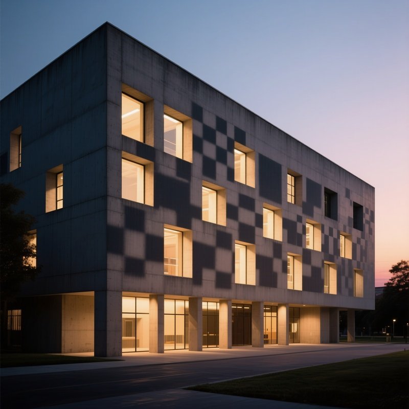 A Dusk Scene Of An Illuminated Concrete Cultural Center With Bold Rectangular Windows, Shadows