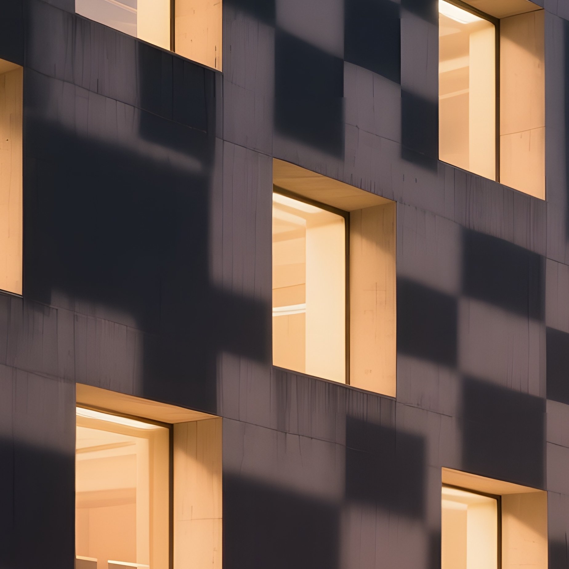 A Dusk Scene Of An Illuminated Concrete Cultural Center With Bold Rectangular Windows, Shadows - Full Resolution Quality Preview