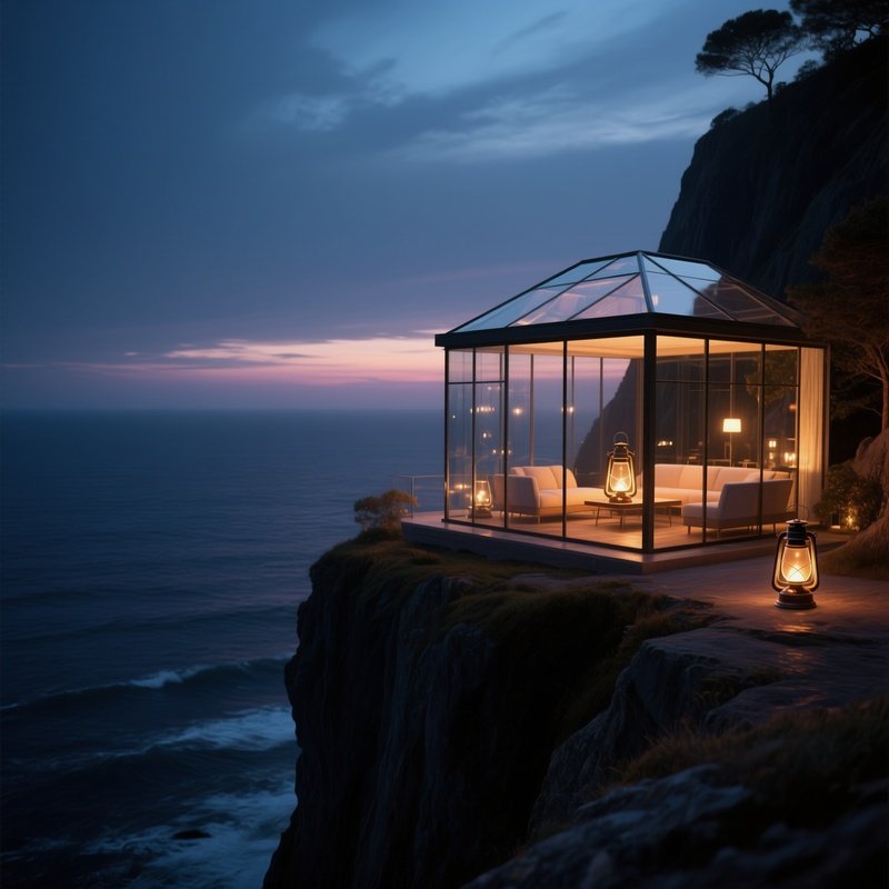A Dusk Scene Of An Illuminated Glass Pavilion On A Cliff Edge, Its Interior Glowing Like A Lantern