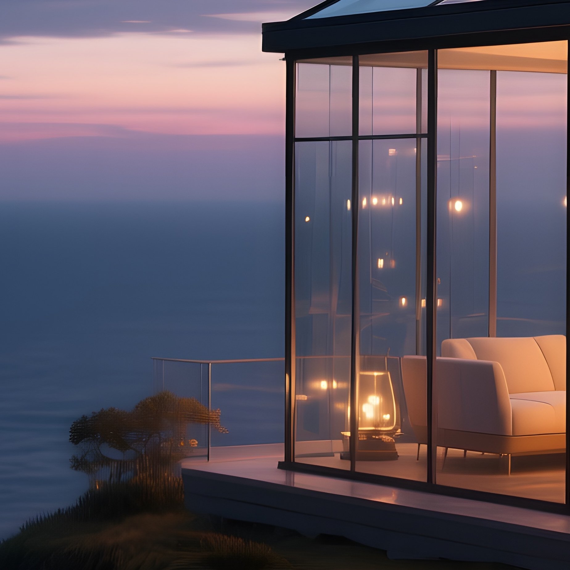 A Dusk Scene Of An Illuminated Glass Pavilion On A Cliff Edge, Its Interior Glowing Like A Lantern - Full Resolution Quality Preview