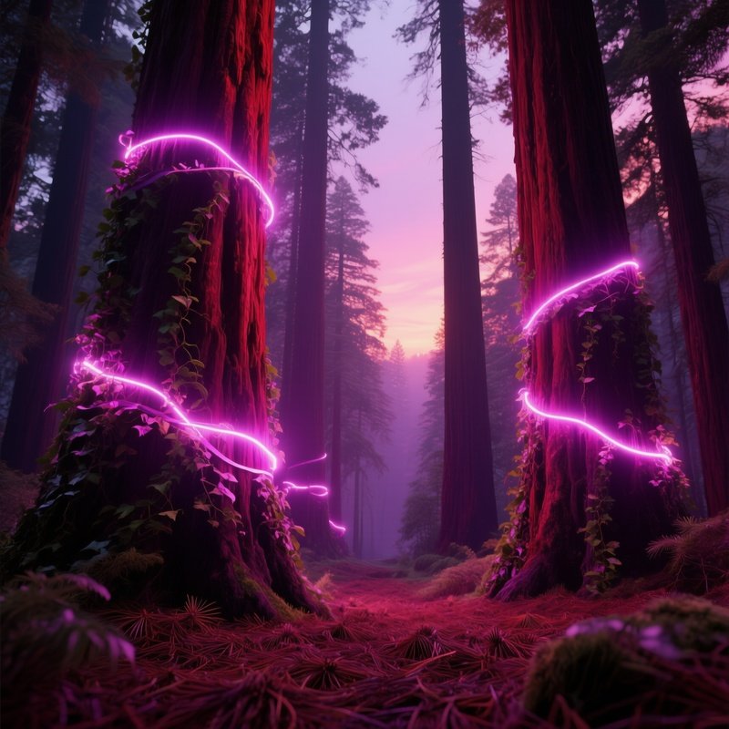 A Dusk Scene With Towering Redwoods Whose Trunks Are Wrapped In Ribbons Of Luminous Ivy That Pulse