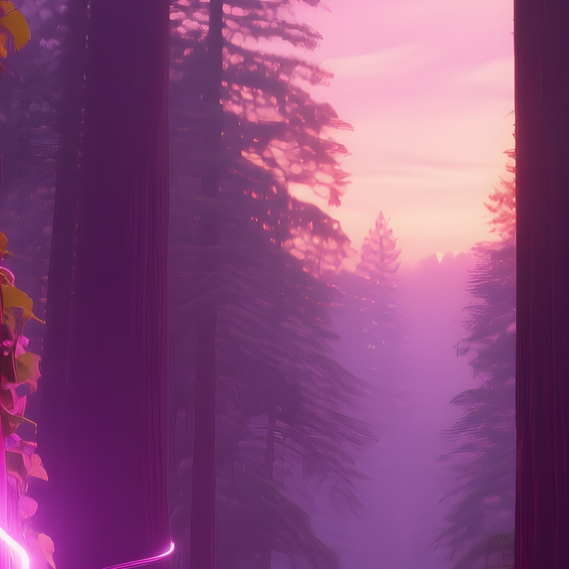 A Dusk Scene With Towering Redwoods Whose Trunks Are Wrapped In Ribbons Of Luminous Ivy That Pulse - Full Resolution Quality Preview