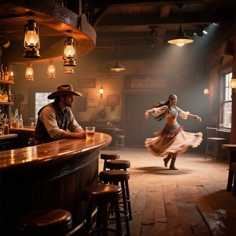 A Dusty Saloon Interior Lit By Oil Lamps, Polished Wooden Bar Reflecting Amber Light, A Cowboy Sits