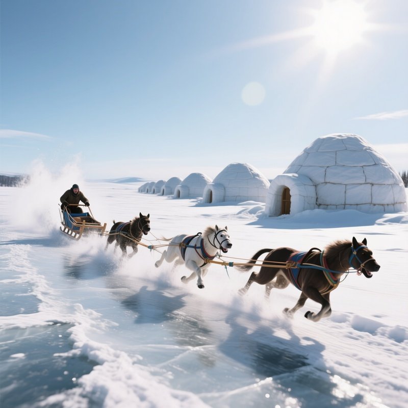 A Dynamic Composition Of A Sled Team Racing Across A Frozen Tundra Toward A Line Of Igloos, Snow