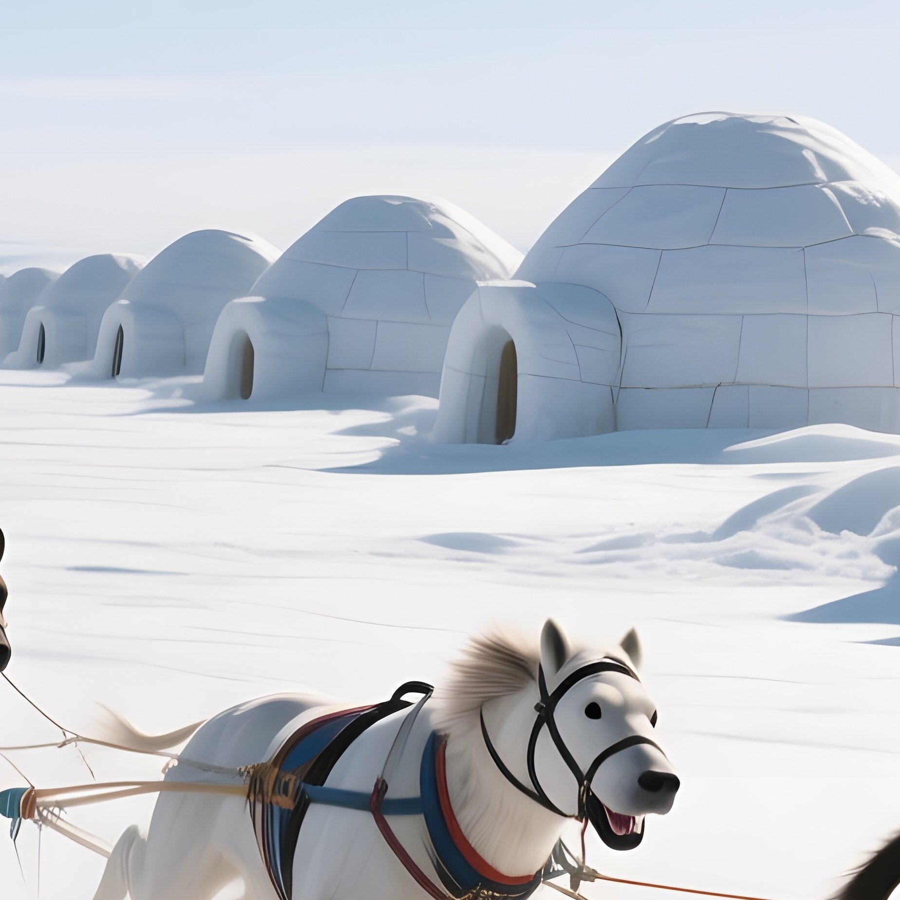 A Dynamic Composition Of A Sled Team Racing Across A Frozen Tundra Toward A Line Of Igloos, Snow - Full Resolution Quality Preview