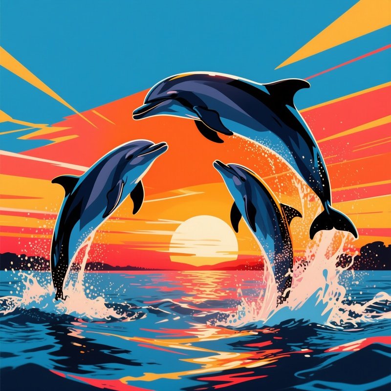 A Dynamic Scene At Sunset Where Dolphins Perform Acrobatic Maneuvers, Their Bodies And The