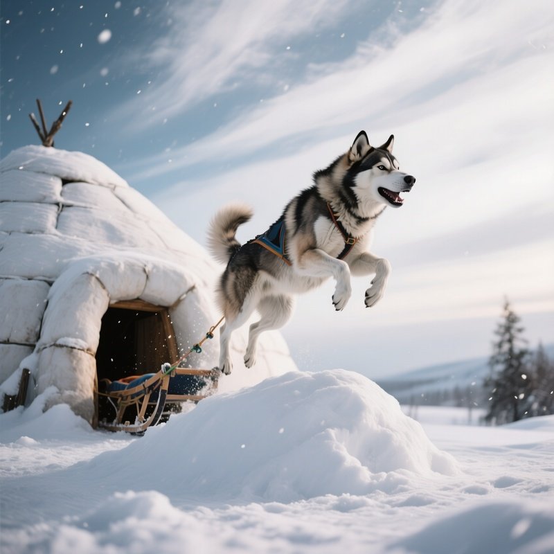 A Dynamic Shot Of An Eskimo Sled Dog Leaping Over A Snow Mound Near An Igloo Entrance, Muscles