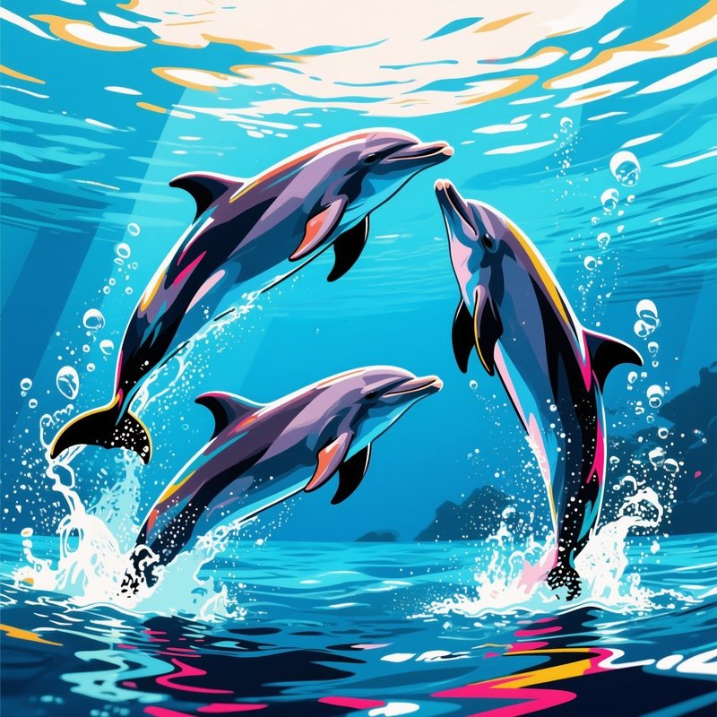 A Dynamic Underwater Scene Where Dolphins Perform Acrobatic Maneuvers, Their Bodies And The