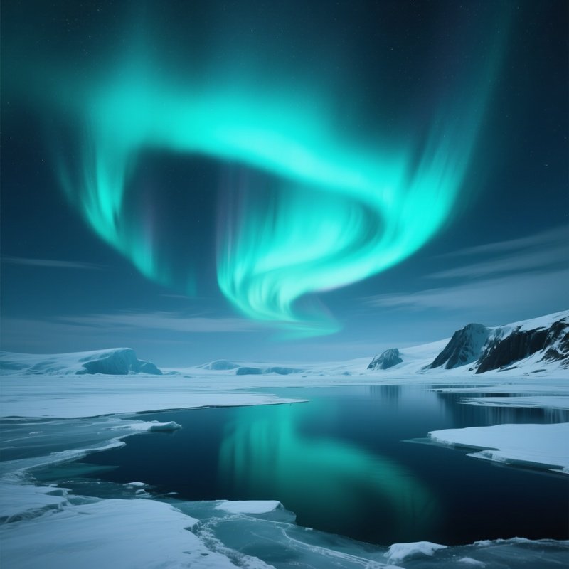 A Faint Aurora Swirling Above A Frozen Arctic Lake.