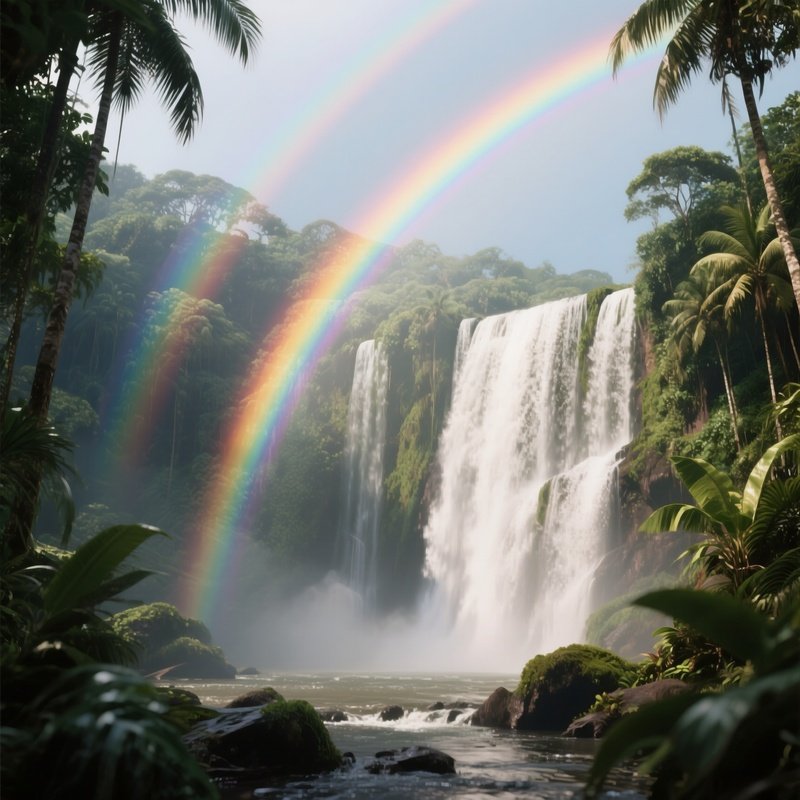 A Faint Double Rainbow Arcing Over A Tropical Waterfall.