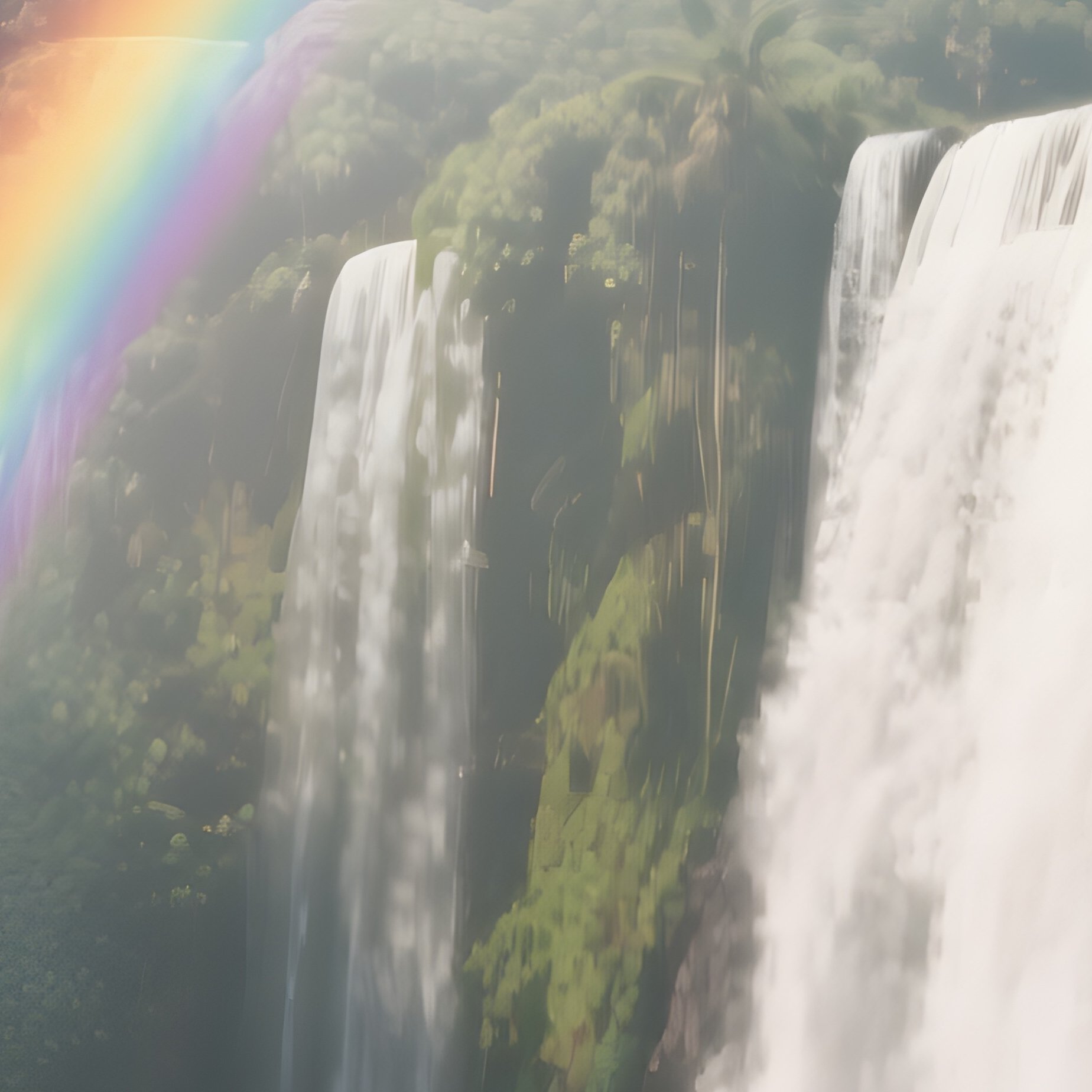 A Faint Double Rainbow Arcing Over A Tropical Waterfall. - Full Resolution Quality Preview
