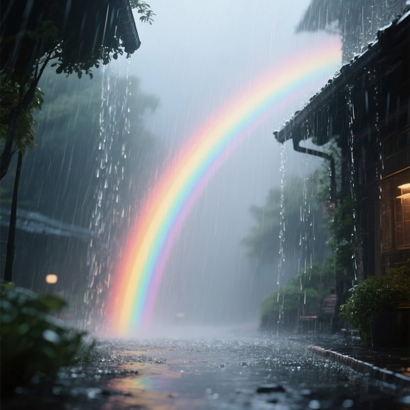 A Faint Rainbow Appearing Between Drifting Rain Curtains