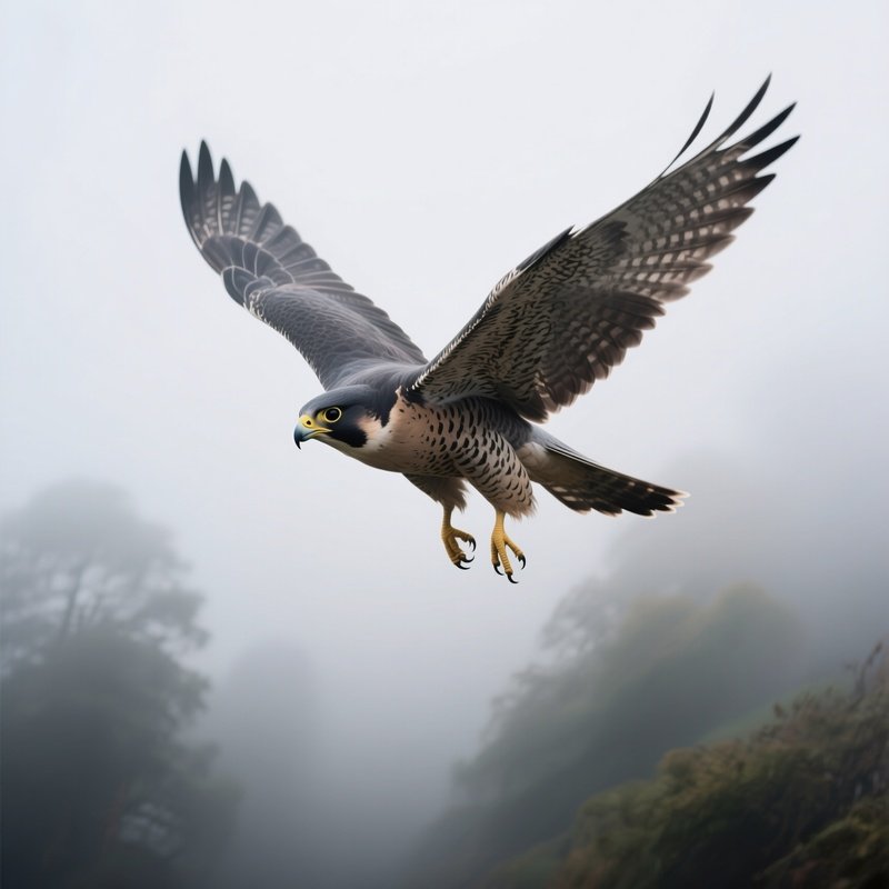 A Falcon Emerging From Dense Fog Mid Flight.