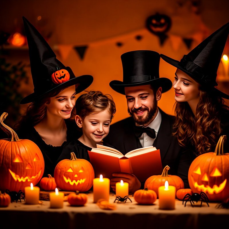 A Family Dressed In Halloween Costumes Reading A Book Together