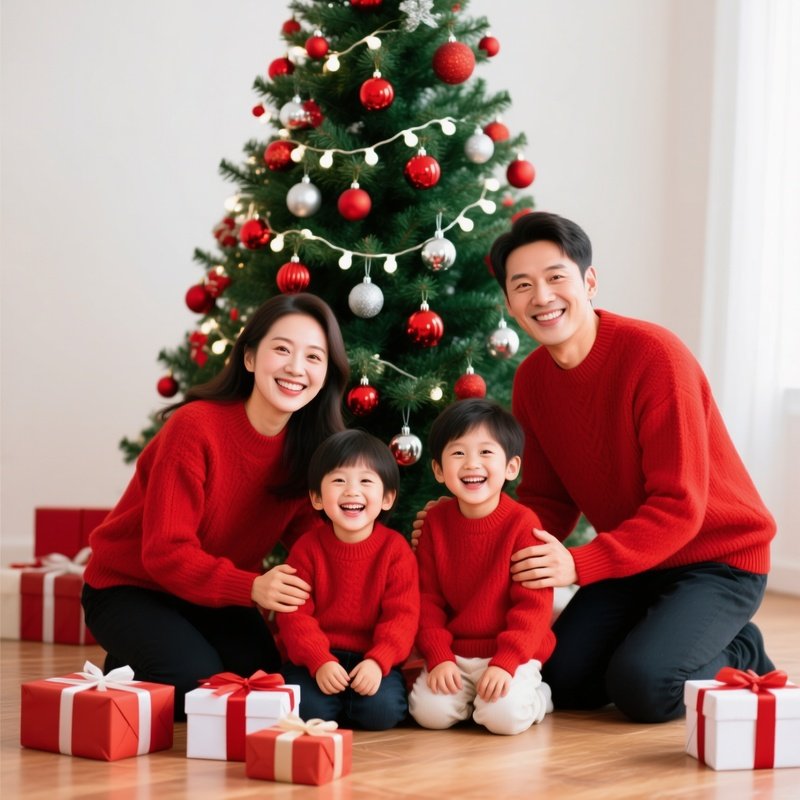 A Family Of Four Posing In Front Of A Christmas Tree Christmas