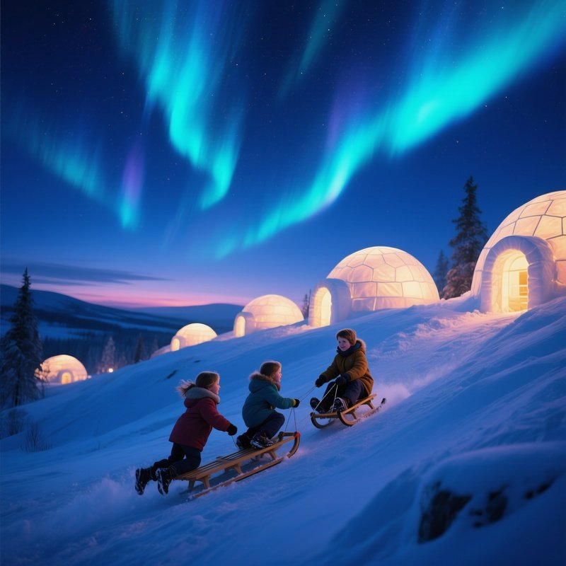 A Family Of Three Children Sledding Down A Snowy Hill Toward A Cluster Of Glowing Igloos At