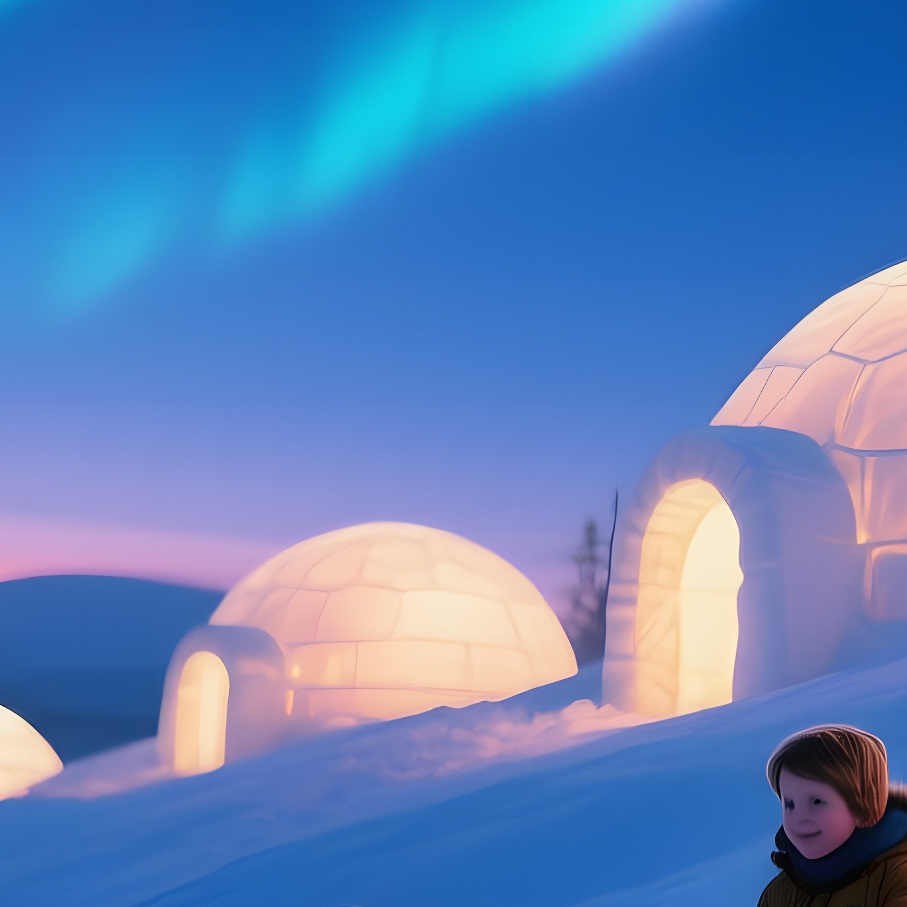 A Family Of Three Children Sledding Down A Snowy Hill Toward A Cluster Of Glowing Igloos At - Full Resolution Quality Preview
