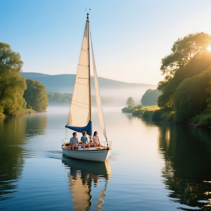 A Family Sailing Boat Approaching A Quiet River Mouth