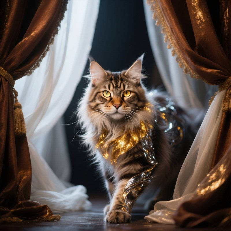 A Fantasy Maine Coon Cat Sneaking Between Curtains
