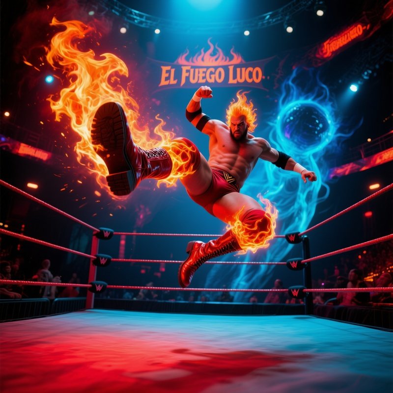A Fantasy Wrestling Scene With El Fuego Loco Setting His Boots On Fire