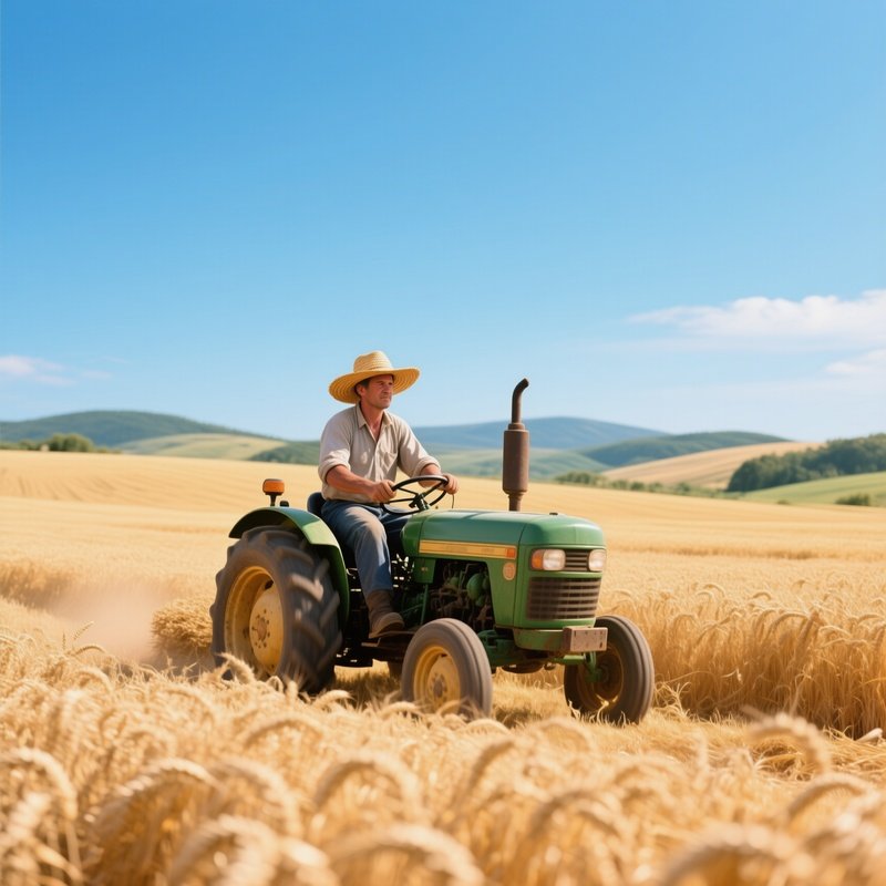 A Farmer In A Straw Hat Rides A Tractor Across Golden Wheat Fields Under A Clear Blue Sky, Distant