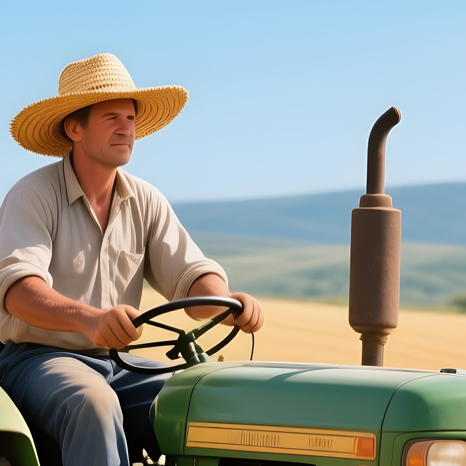 A Farmer In A Straw Hat Rides A Tractor Across Golden Wheat Fields Under A Clear Blue Sky, Distant - Full Resolution Quality Preview