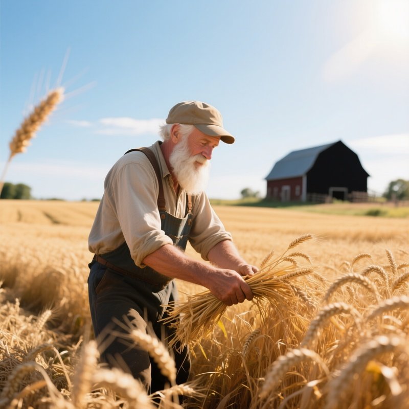 A Farmer With A Sun‑Kissed White Beard Harvests Golden Wheat Fields Under A Bright Midday Sky, A