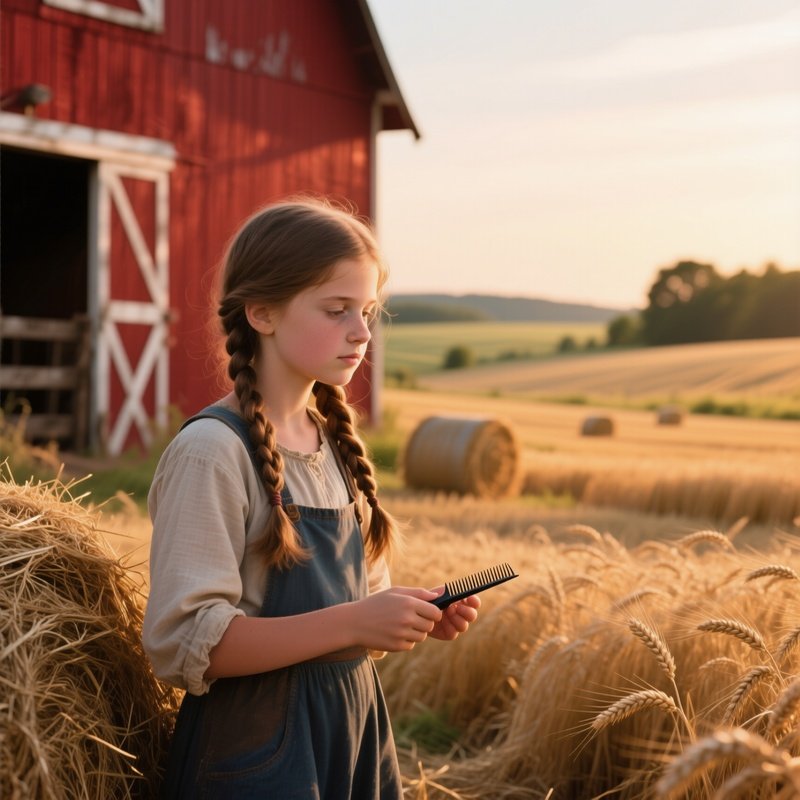 A Farmer’S Daughter With A Simple Braid Gets A Trim Beside A Red Barn At Golden Hour, Fields Of